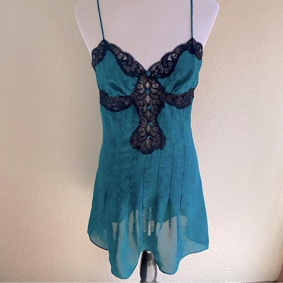 Victoria’s Secret Vintage Gold Label Teal Paisley Chemise Slip Lingerie Dress: S